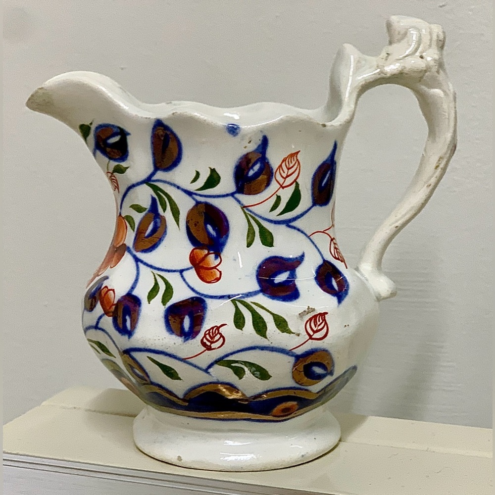 19th Century Antique Gaudy Welsh Vine  Pattern Lustreware Jug Handled Pitcher